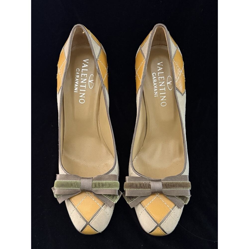 Valentino Garivani Vintage Y2K Argyle Patchwork Suede Heels w/ Velvet Bows Sz 38